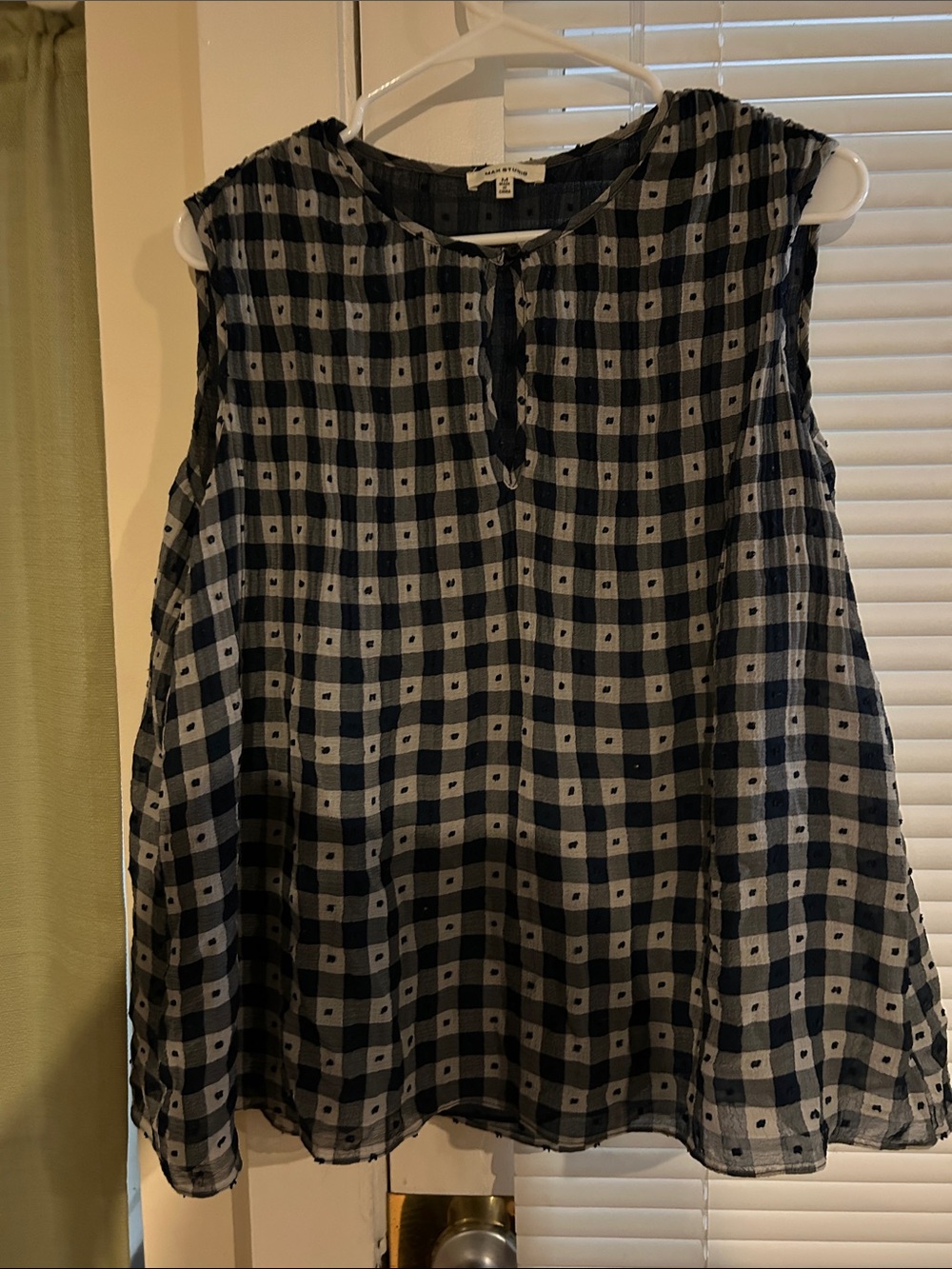 Sleeveless Navy and Tan Checker Blouse - Lightweight Women's Top